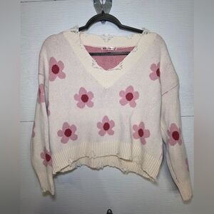 Floral V-Neck Sweater - Cream and Pink